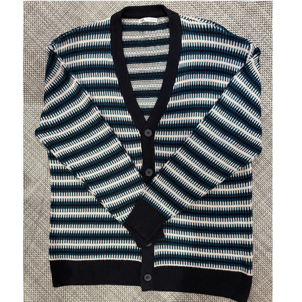 ZARA Men's 100% Cotton Geo­met­ric Knit Jacquard V-neck Car­di­gan Navy White XL
